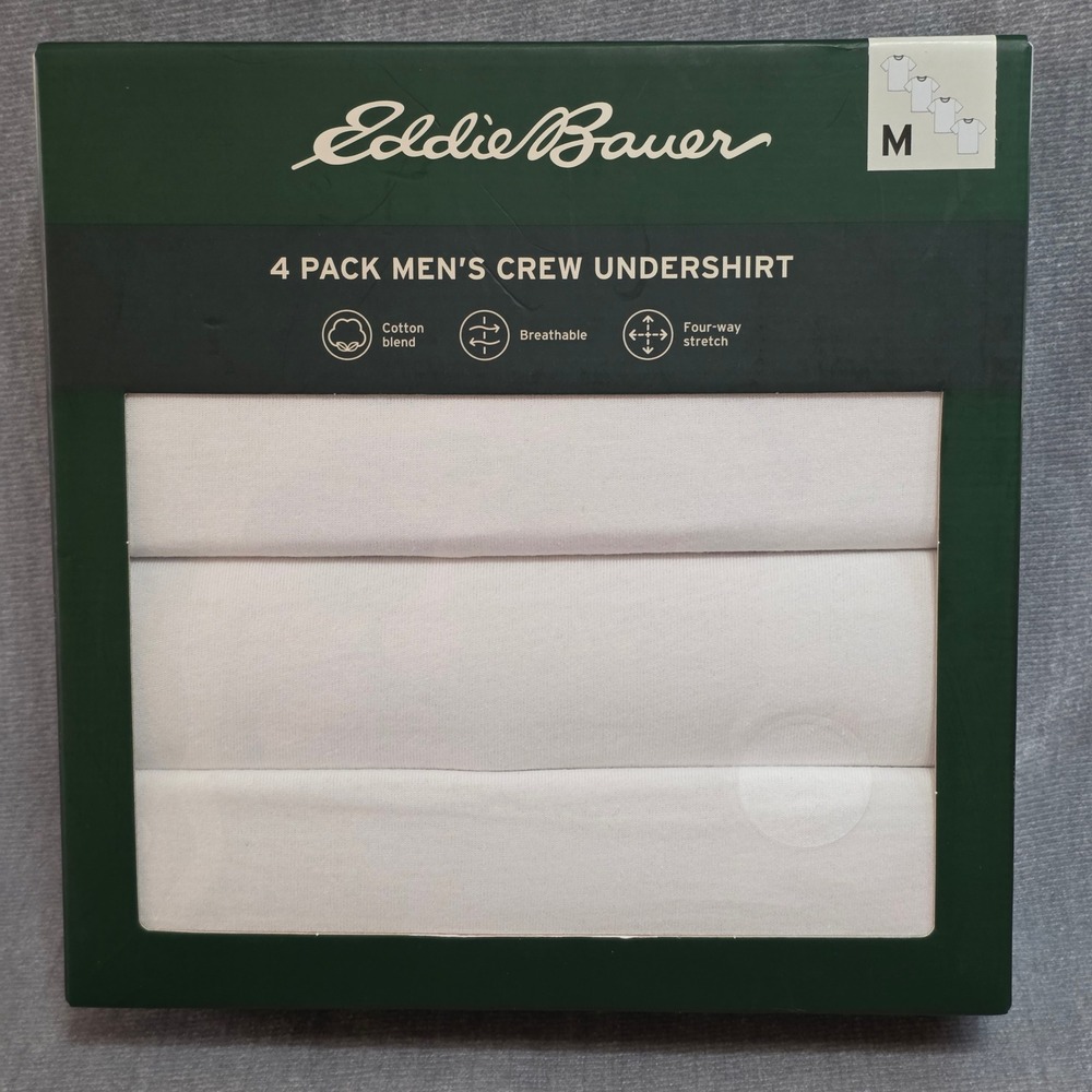 Eddie Bauer Journey Crew Undershirt 4 Pack Mens Size M White Cotton Stretch